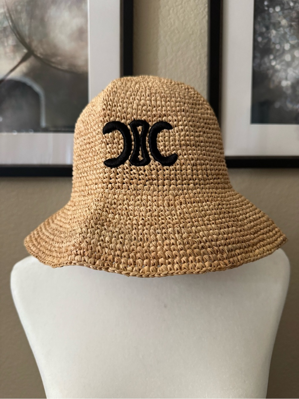 Natural Woven Raffia Bucket Hat Black Embroidery Flared Brim New without Tags